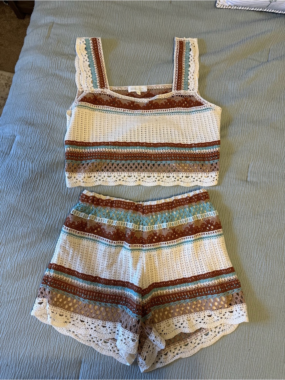 Rebellion Crochet Two-Piece Set in White, Brown & Teal